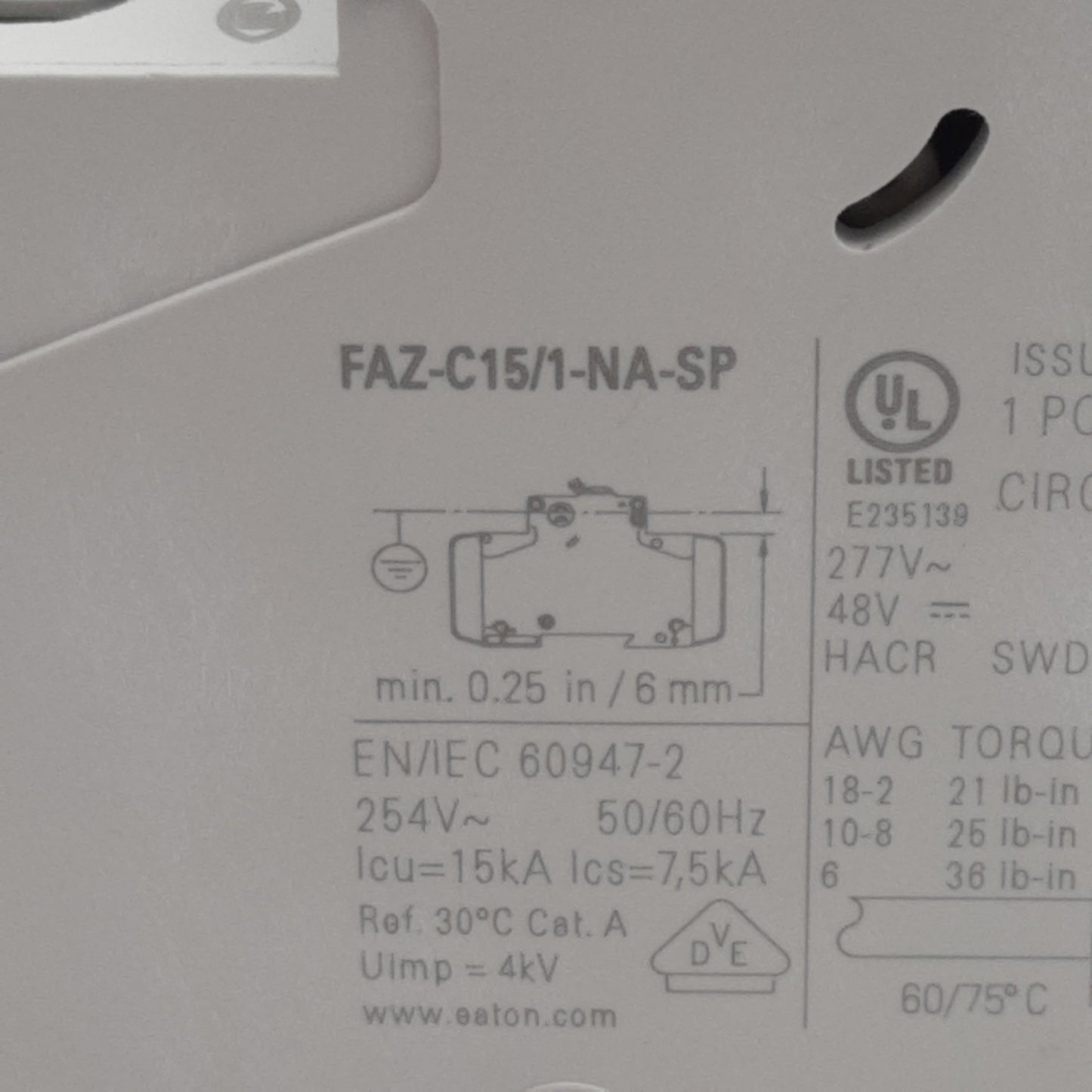Used chunkEaton FAZ-C15/1-NA-L-SP Circuit Breaker, 1-Pole, 15A 277VAC/48VDC, DIN Rail
