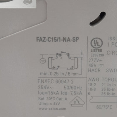 Used chunkEaton FAZ-C15/1-NA-L-SP Circuit Breaker, 1-Pole, 15A 277VAC/48VDC, DIN Rail
