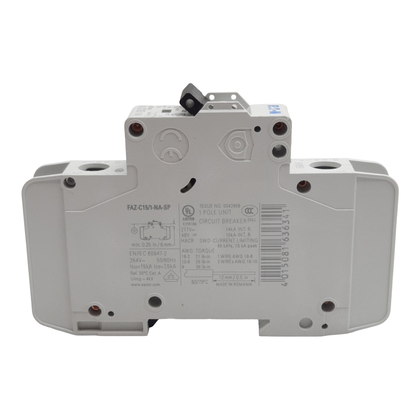 Used chunkEaton FAZ-C15/1-NA-L-SP Circuit Breaker, 1-Pole, 15A 277VAC/48VDC, DIN Rail