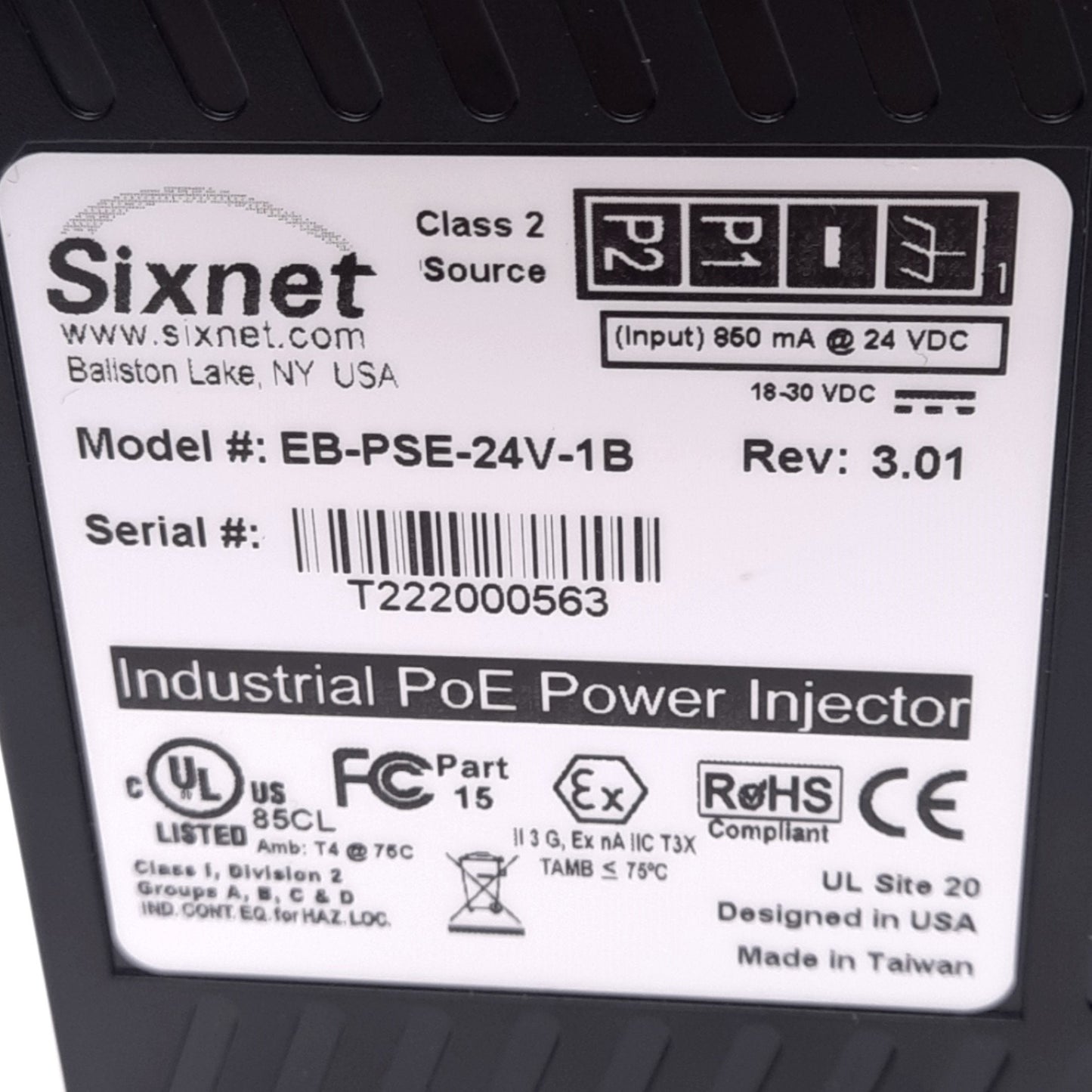 New – Open box Sixnet EB-PSE-24V-1B PoE Power Over Ethernet Injector, 24VDC, 10/100Base, RJ45