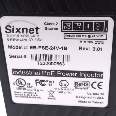 New – Open box Sixnet EB-PSE-24V-1B PoE Power Over Ethernet Injector, 24VDC, 10/100Base, RJ45