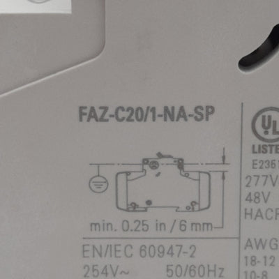 Used Eaton FAZ-C20/1-NA-L-SP Circuit Breaker, 1-Pole, 20A 277VAC/48VDC, DIN Rail