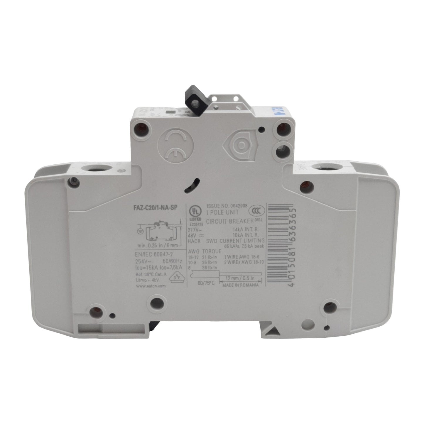 Used Eaton FAZ-C20/1-NA-L-SP Circuit Breaker, 1-Pole, 20A 277VAC/48VDC, DIN Rail