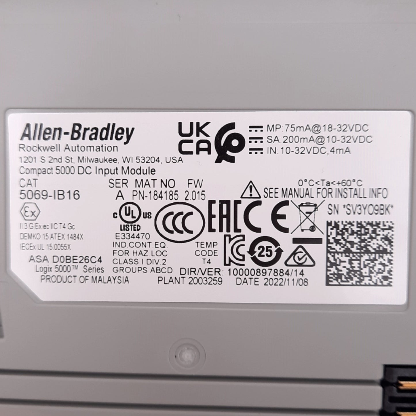 Used Allen Bradley 5069-IB16 Compact 5000 Digital Input Module, 16-Channel, 24VDC