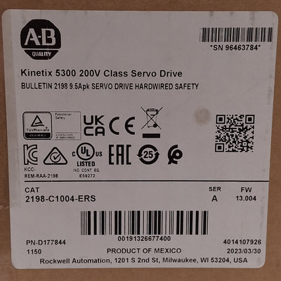 New Allen Bradley 2198-C1004-ERS Kinetix 5300 Servo Drive, 1Ø/3Ø 85-132/170-253VAC
