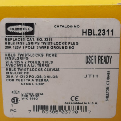 New Hubbell HBL2311 Twist-Lock Male Plug, 2-Pole 3-Wire, 1PH 20A 125VAC, NEMA L5-20P