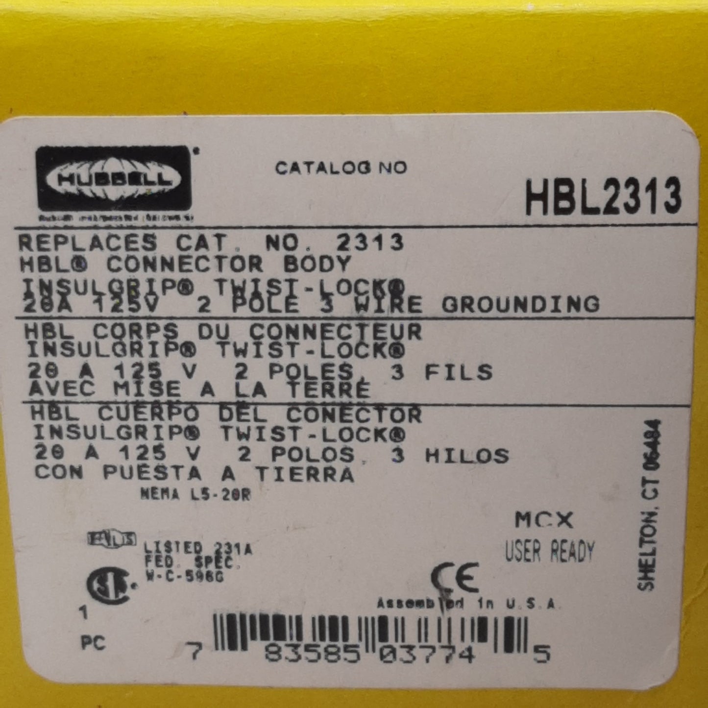 New Hubbell HBL2313 Twist-Lock Female Plug, 2-Pole 3-Wire, 20A 125VAC, NEMA L5-20R