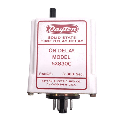 Used Dayton 5X830C Solid State Time Delay Relay, 3-300s, 120VAC In, 240VAC 10A Max