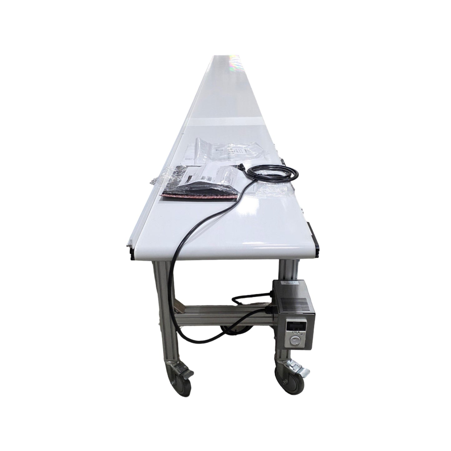 New – Open box QC Conveyors AS65 Center Drive Flat Belt Conveyor 18" Wide x 24Ft Long 120VAC