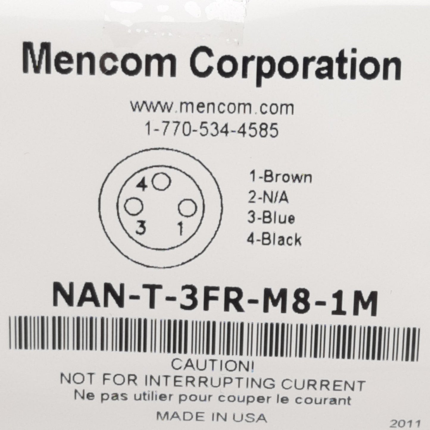 New Lot of 2 Mencom NAN-T-3FR-M8-1M Cordset, 3-Pin M8 Female to Leads, 3A 60VAC, 1m