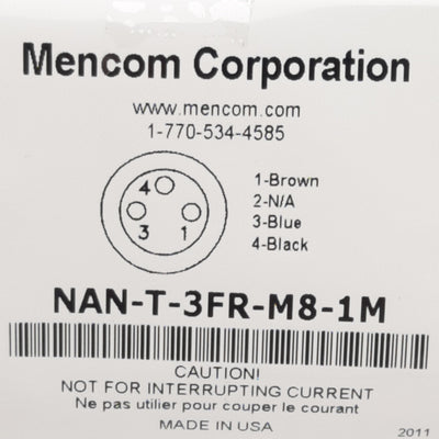 New Lot of 2 Mencom NAN-T-3FR-M8-1M Cordset, 3-Pin M8 Female to Leads, 3A 60VAC, 1m