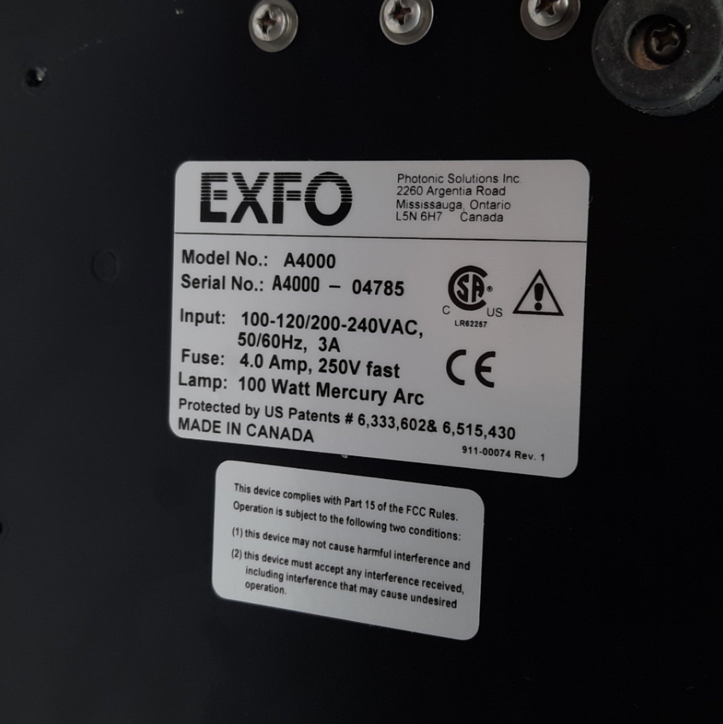 Used Exfo A4000 Acticure Spot Curing System, 100-120/200-240VAC, 100W