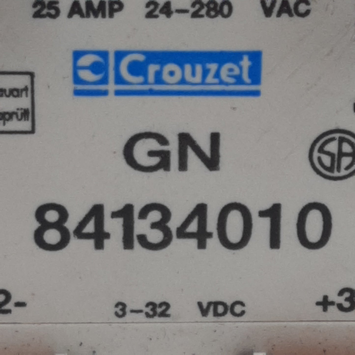Used Crouzet GN 84134010 Solid-State Relay, 1-Phase, 3-32VDC In, 25A 24-280VAC Out