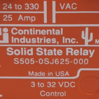 Used Continental S505-0SJ625-000 Solid-State Relay, 3-32VDC In, 25A 24-330VAC Out