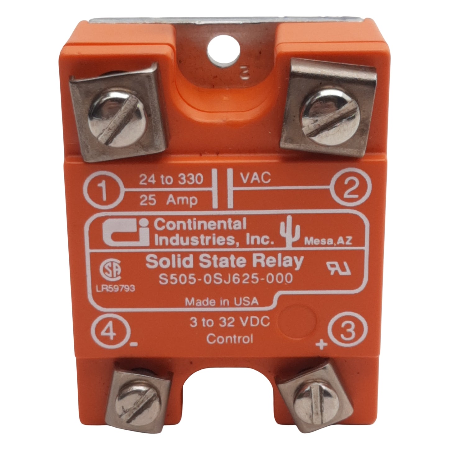 Used Continental S505-0SJ625-000 Solid-State Relay, 3-32VDC In, 25A 24-330VAC Out