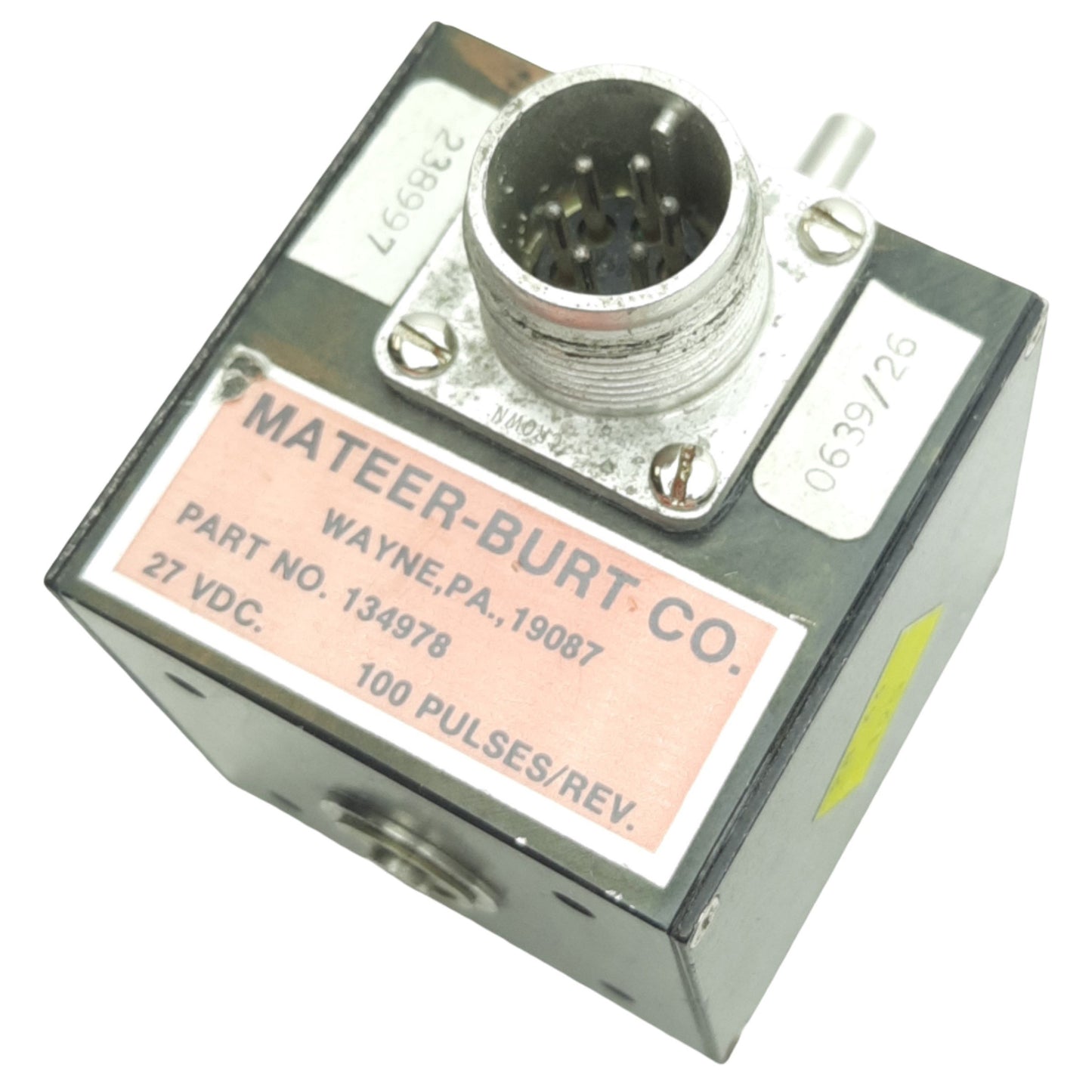 Used Mateer Burt 134978 Rotary Shaft Encoder ø1/4in Shaft, 27VDC, 100 PPV, 6-Pin MS