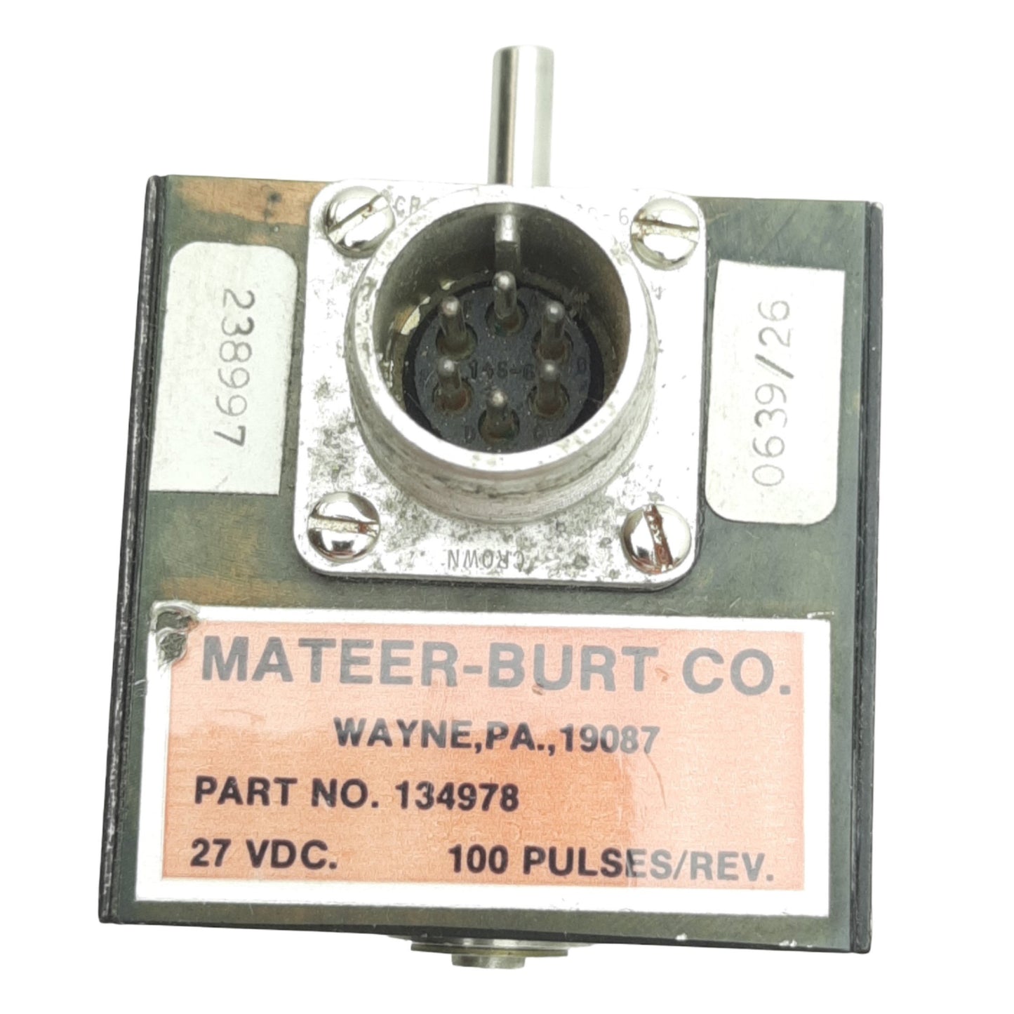 Used Mateer Burt 134978 Rotary Shaft Encoder ø1/4in Shaft, 27VDC, 100 PPV, 6-Pin MS