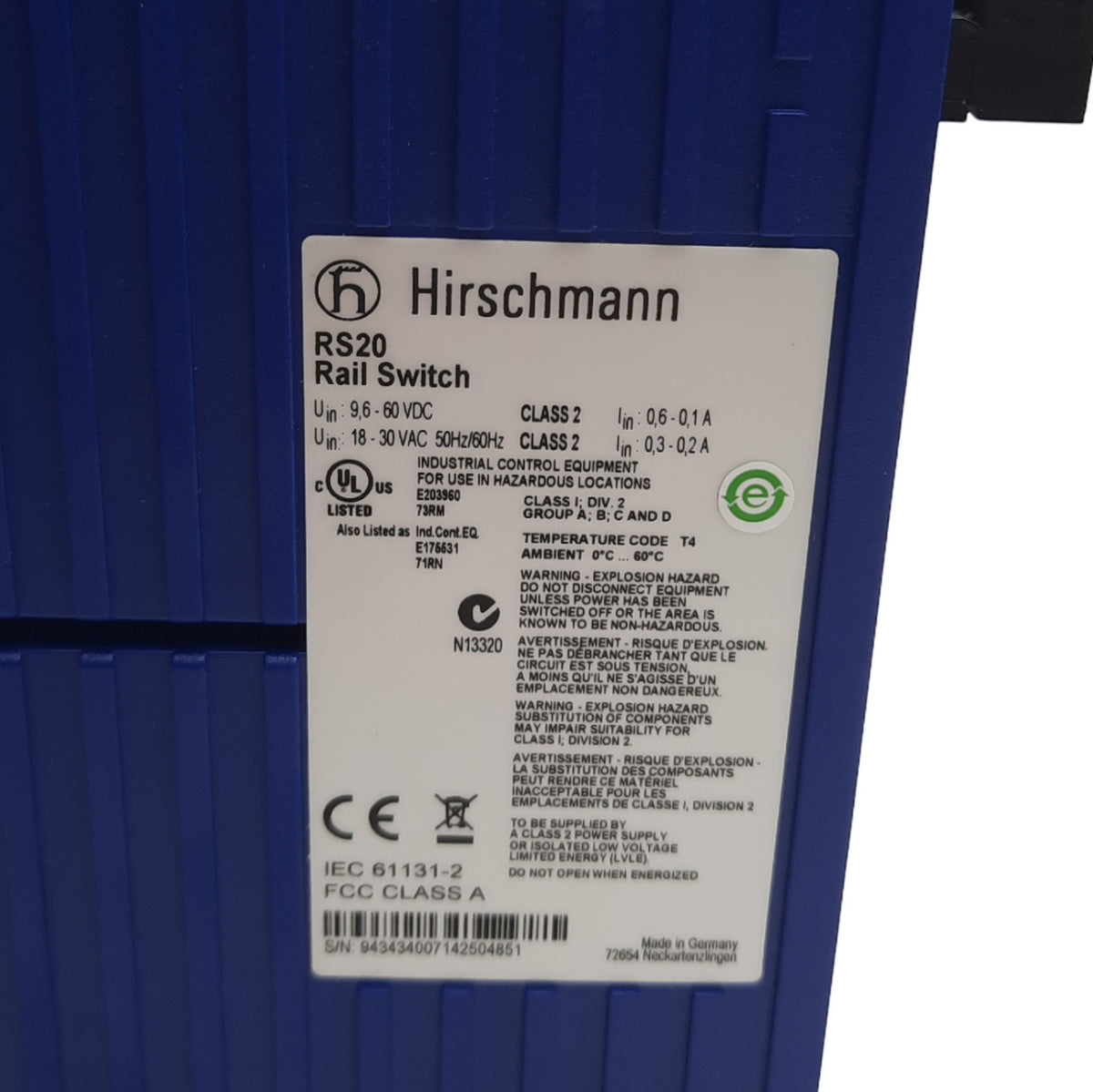 Used Hirschmann RS20-0400T1T1SDAEHH04.2.05 Din Rail Ethernet Switch 4 Ports 10/100