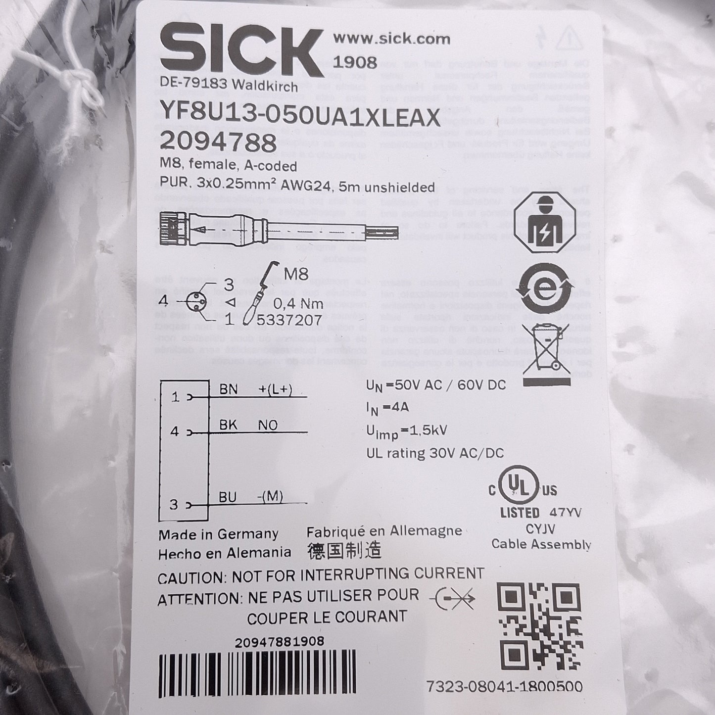 New Lot of 2 SICK 2094788 Sensor/Actuator Cable, 50VAC/60VDC 4A, M8 3-Pin Female, 5m