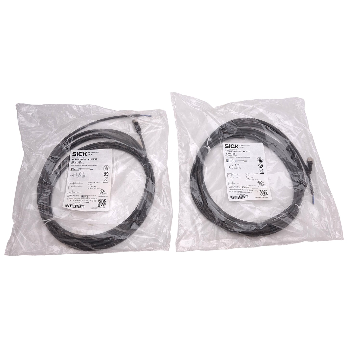 New Lot of 2 SICK 2094788 Sensor/Actuator Cable, 50VAC/60VDC 4A, M8 3-Pin Female, 5m