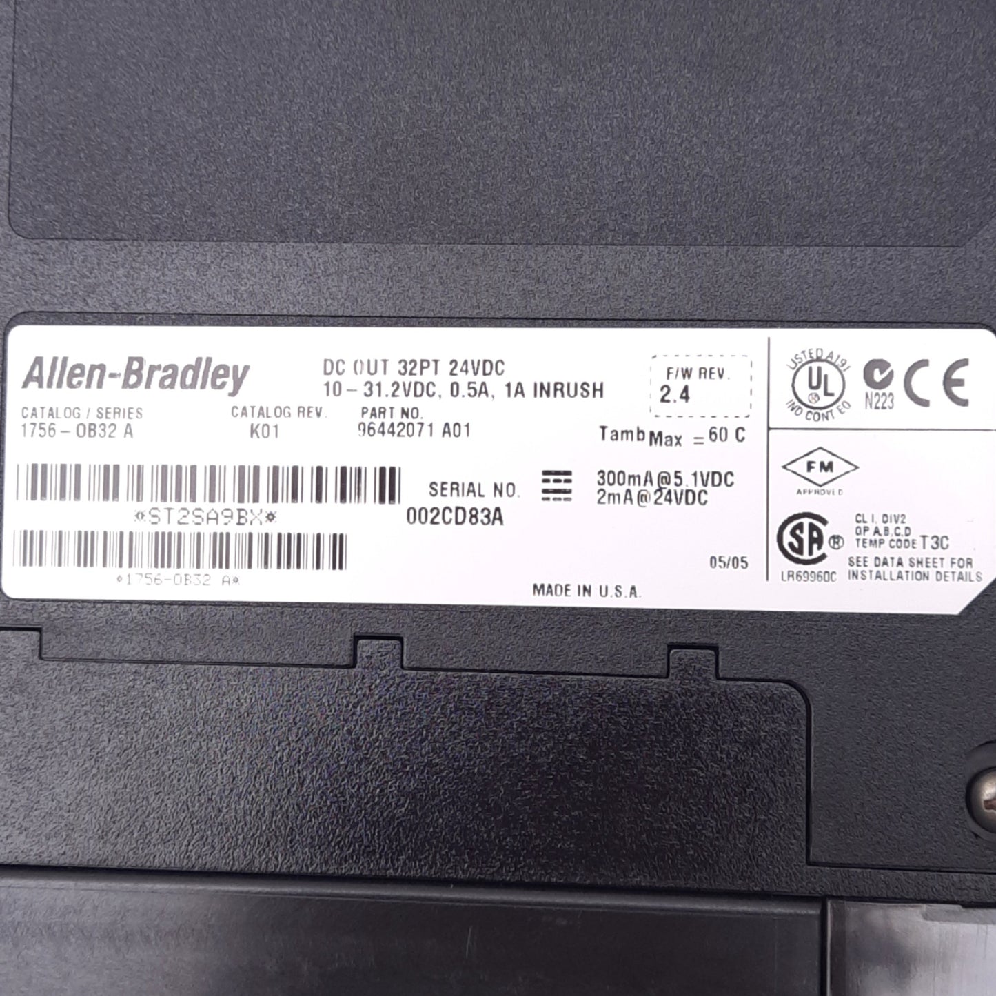 Used Allen Bradley 1756-OB32 A ControlLogix Digital Output Module, 32-Point, 24VDC