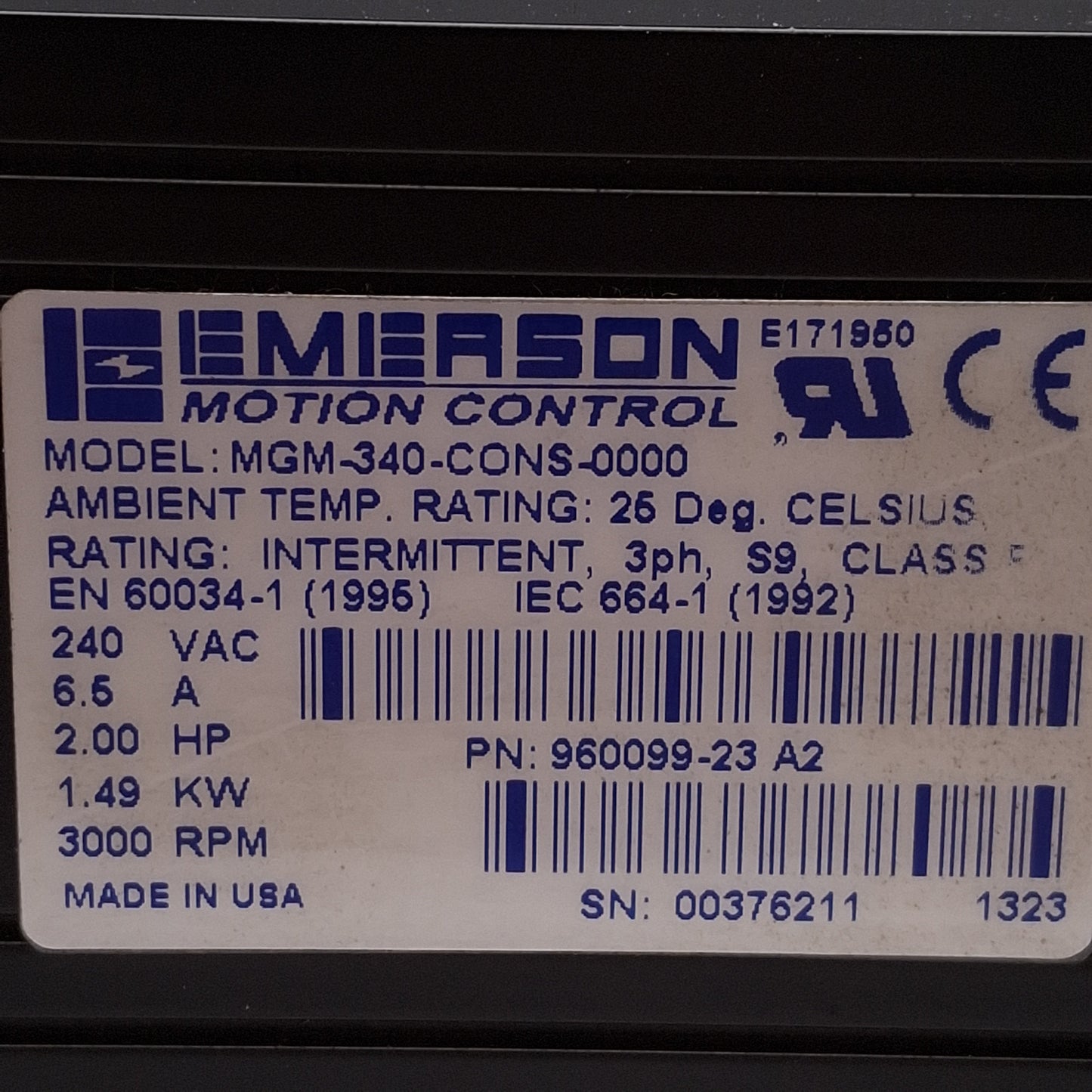 Used Emerson MGM-340-CONS-0000 Servo Motor, 3Ø 240VAC 6.5A, 2HP, 1.49kW, 3.5in Flange