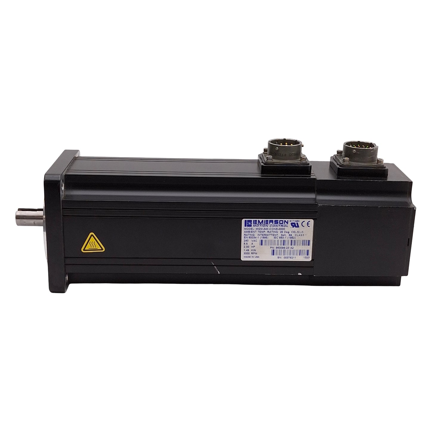 Used Emerson MGM-340-CONS-0000 Servo Motor, 3Ø 240VAC 6.5A, 2HP, 1.49kW, 3.5in Flange