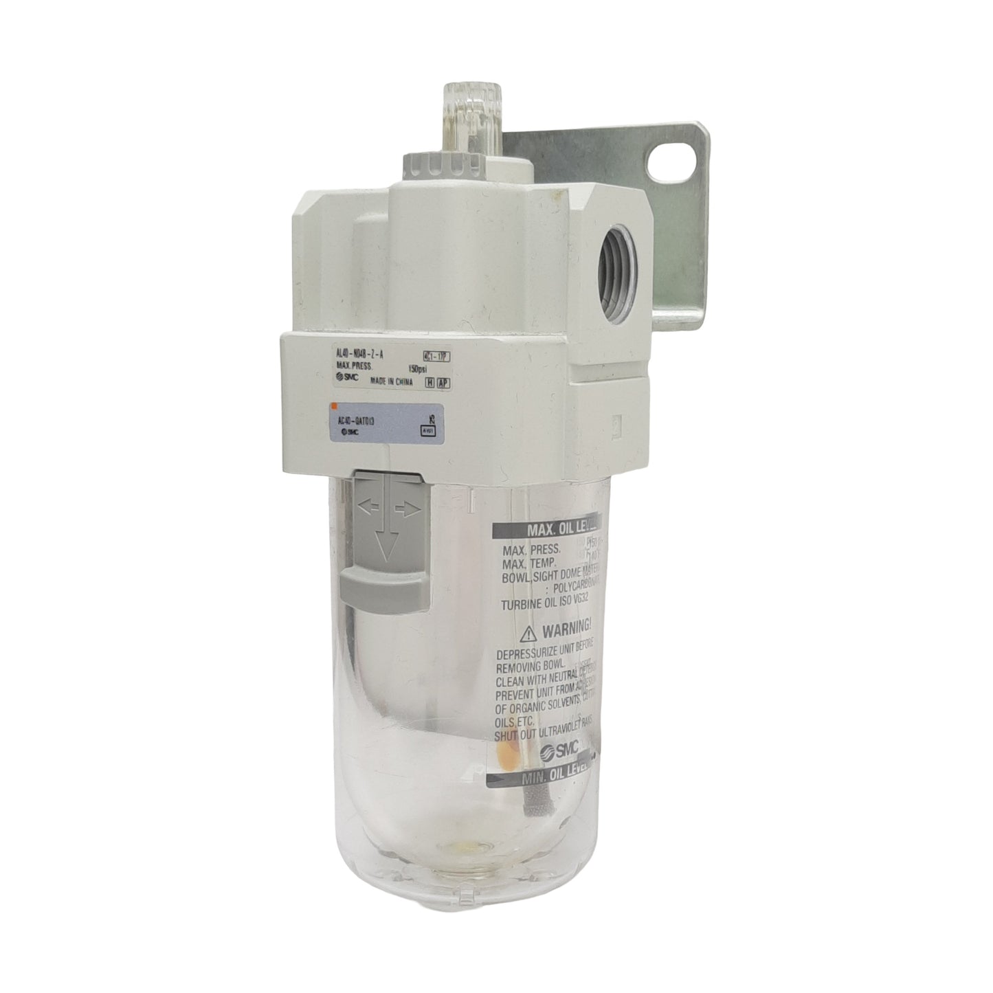Used SMC AL40-N04B-Z-A Lubricator, 1/2in NPT, 50L/min, 135cm³ Capacity, 150psi Max