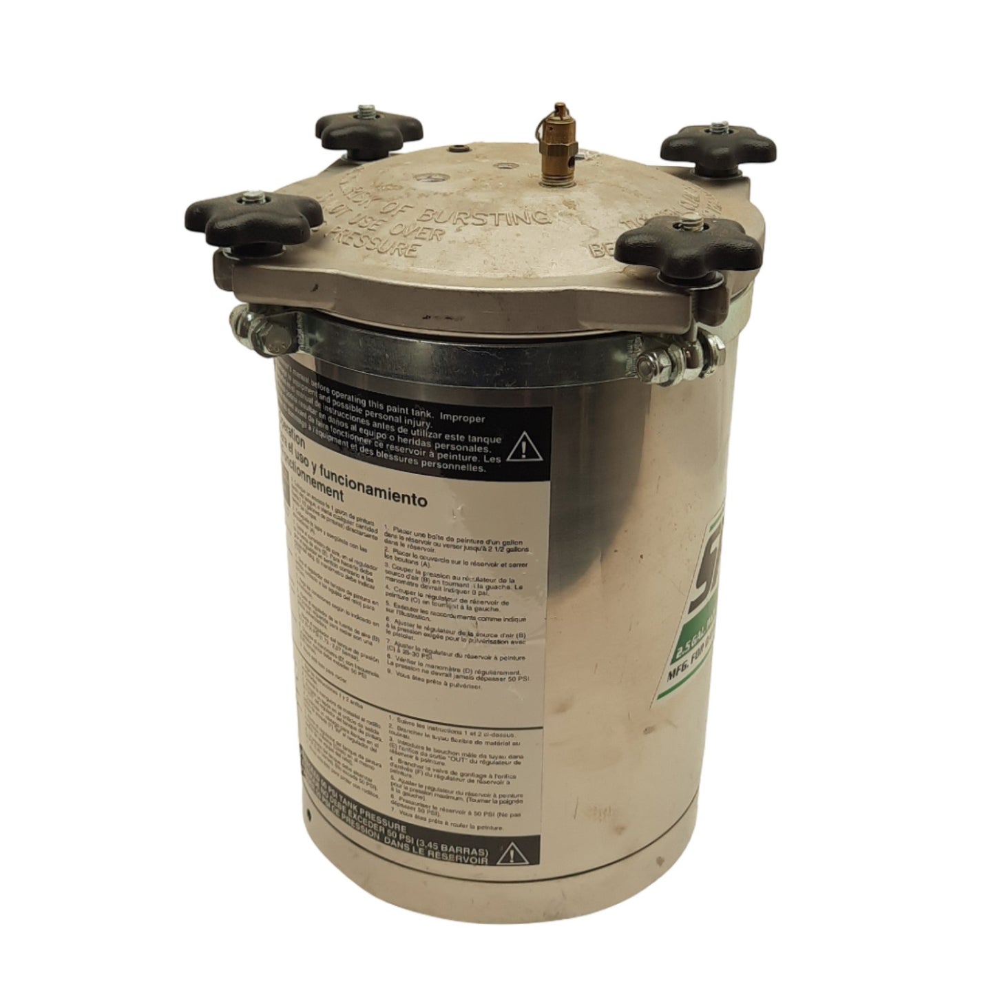 Used Speedaire 6Z899 Stainless Steel Paint Tank, 2.5gal/1 Gal Can, 50psi Max Pressure