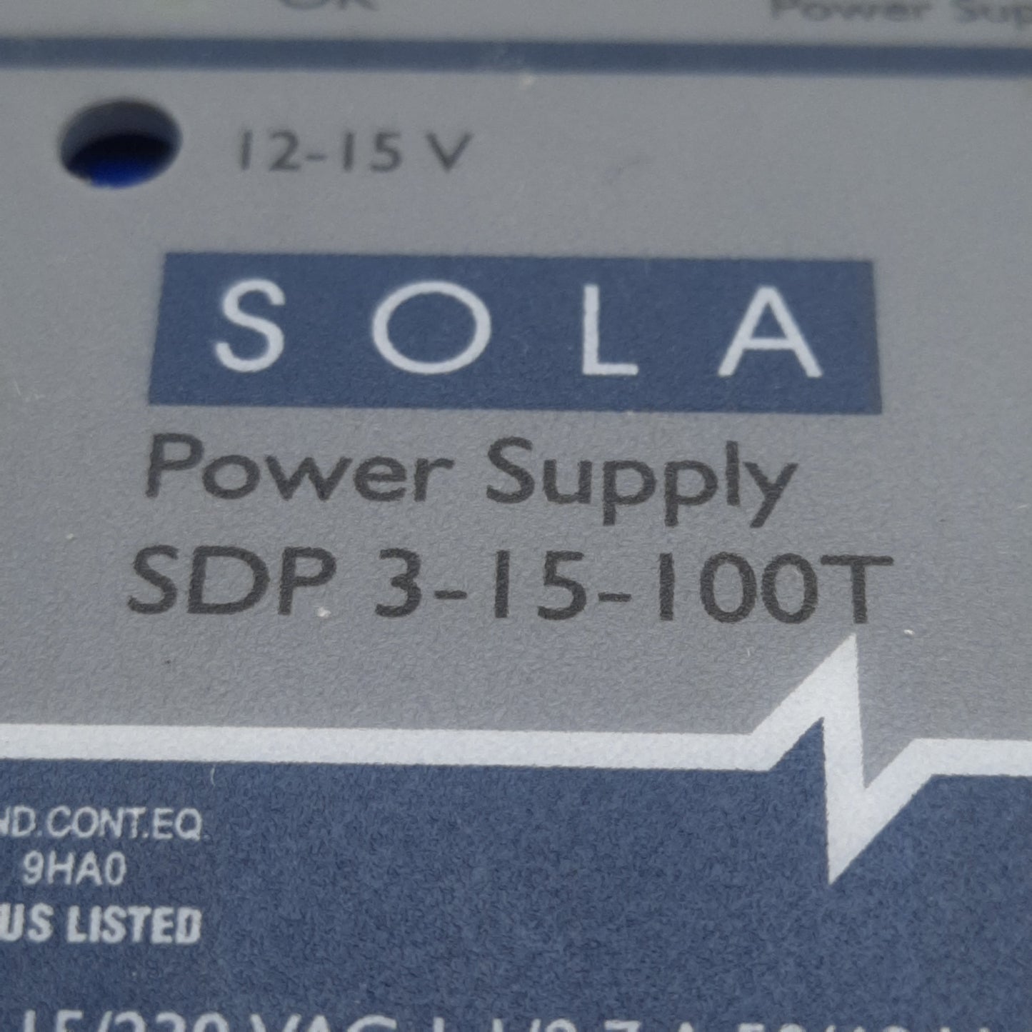 Used Sola SDP 3-15-100T Power Supply, 115/230VAC In, 3.4A 15VDC Out, DIN Rail