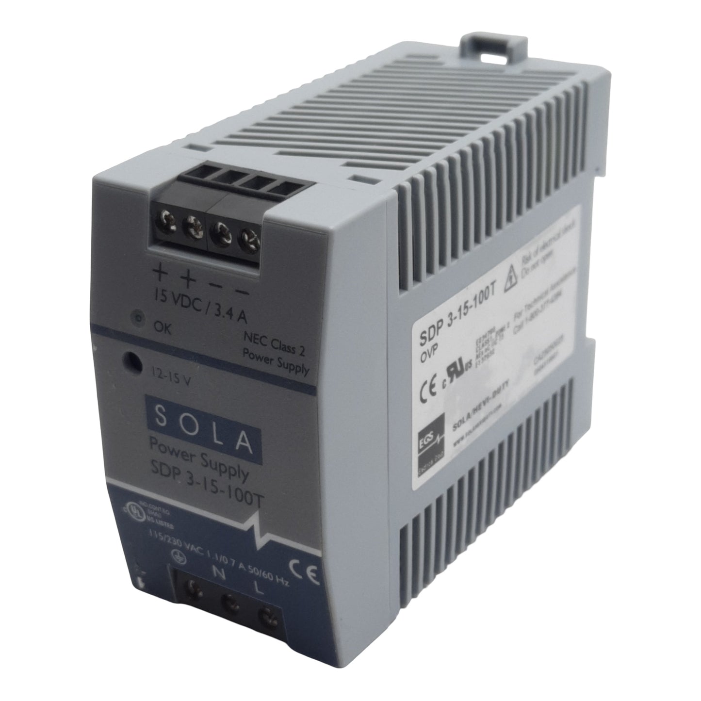 Used Sola SDP 3-15-100T Power Supply, 115/230VAC In, 3.4A 15VDC Out, DIN Rail