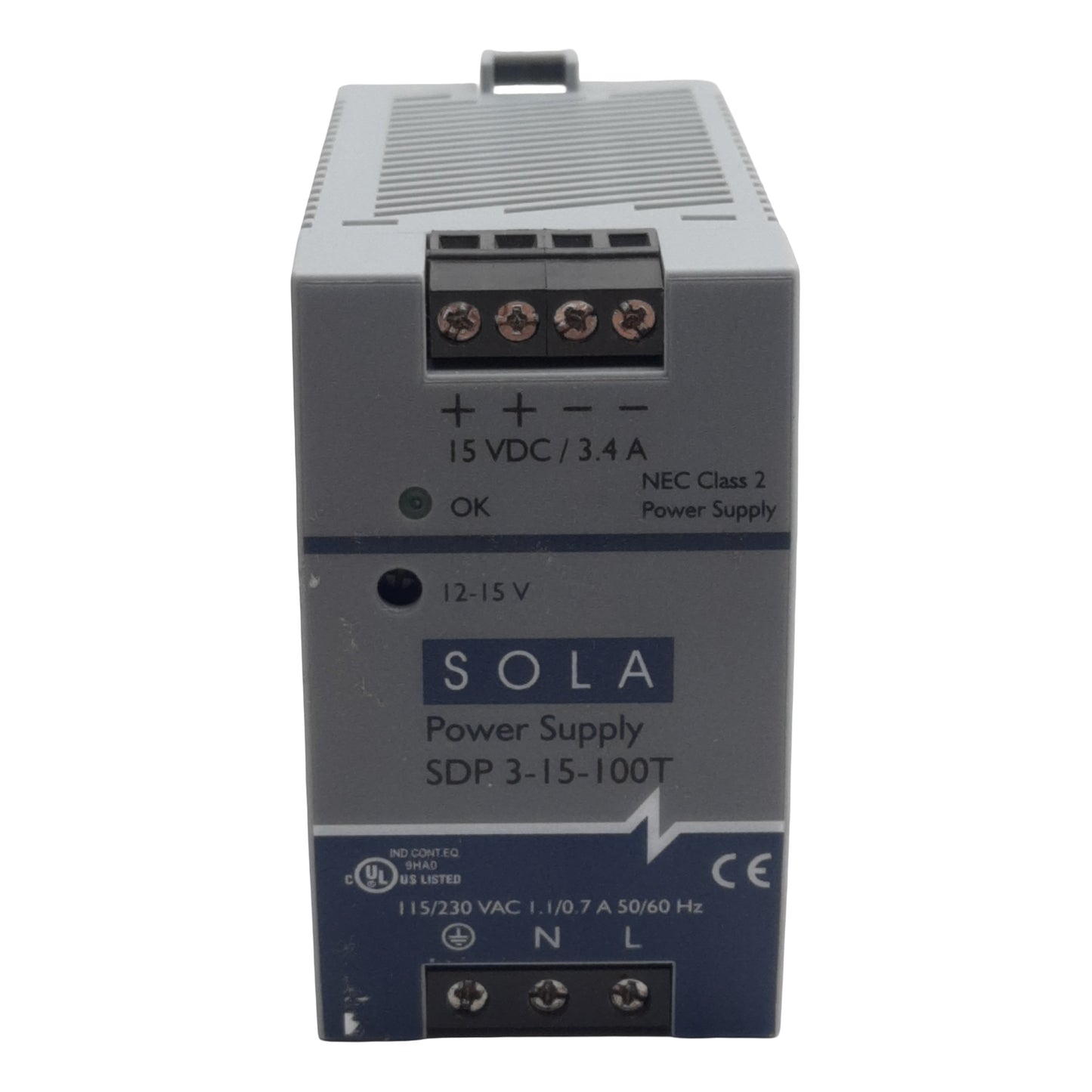 Used Sola SDP 3-15-100T Power Supply, 115/230VAC In, 3.4A 15VDC Out, DIN Rail