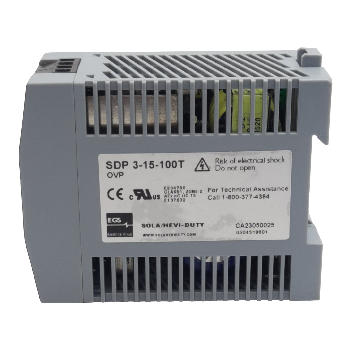 Used Sola SDP 3-15-100T Power Supply, 115/230VAC In, 3.4A 15VDC Out, DIN Rail