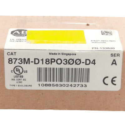 New Allen Bradley 873M-D18PO300-D4 Ultrasonic Sensor 300mm Range PNP NO/NC 10-30VDC