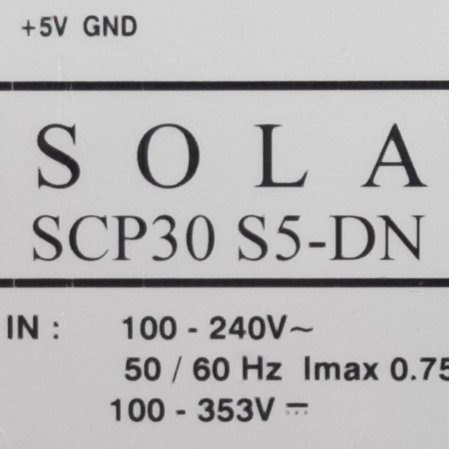 Used Sola SCP30 S5-DN Power Supply, 100-240VAC 100-353VDC In, 6A 5VDC Out, DIN Rail