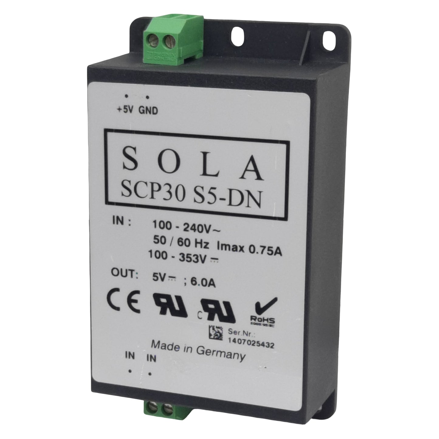 Used Sola SCP30 S5-DN Power Supply, 100-240VAC 100-353VDC In, 6A 5VDC Out, DIN Rail