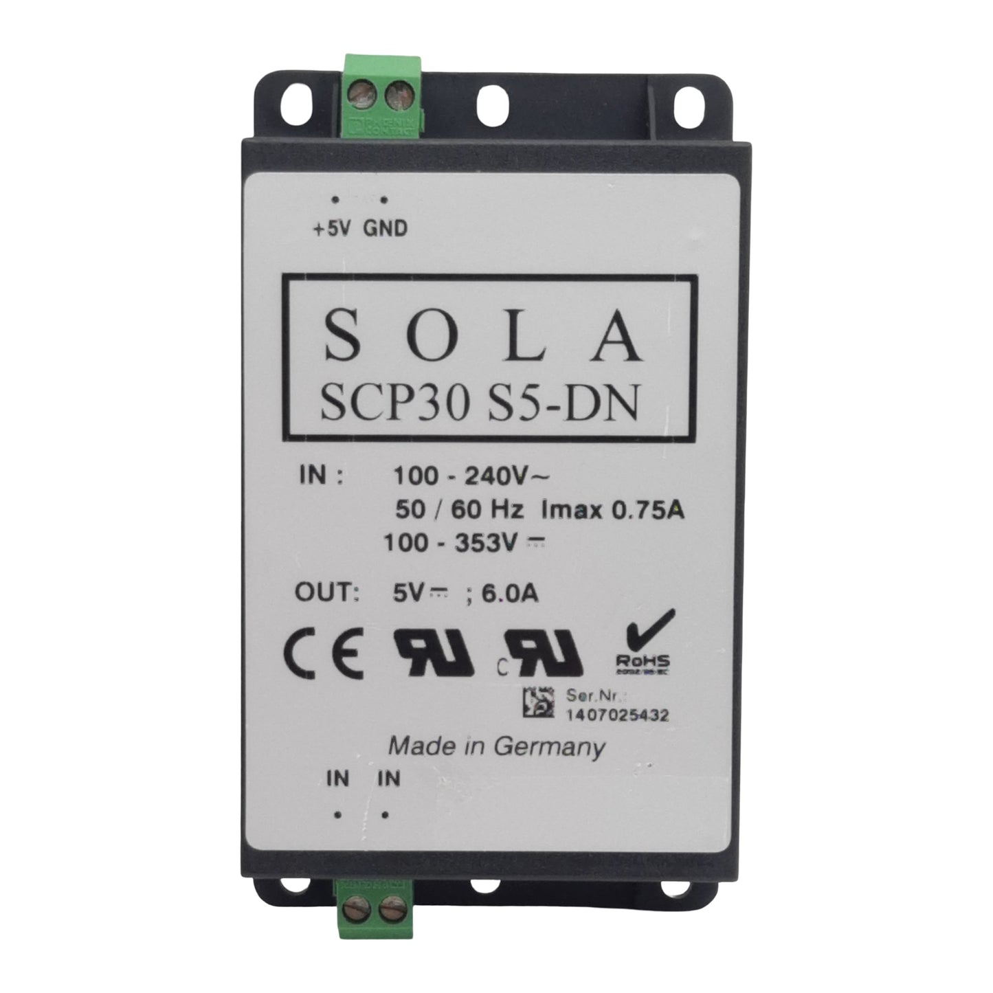 Used Sola SCP30 S5-DN Power Supply, 100-240VAC 100-353VDC In, 6A 5VDC Out, DIN Rail