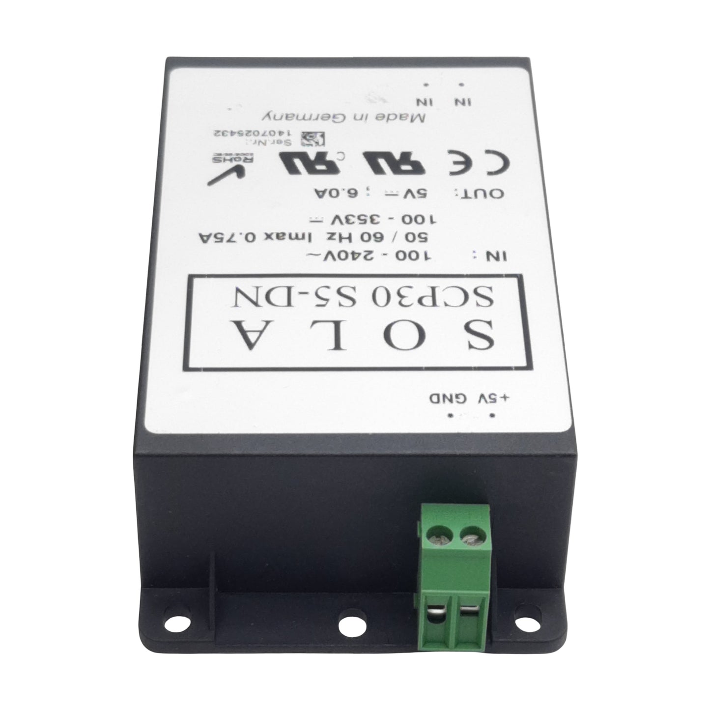 Used Sola SCP30 S5-DN Power Supply, 100-240VAC 100-353VDC In, 6A 5VDC Out, DIN Rail