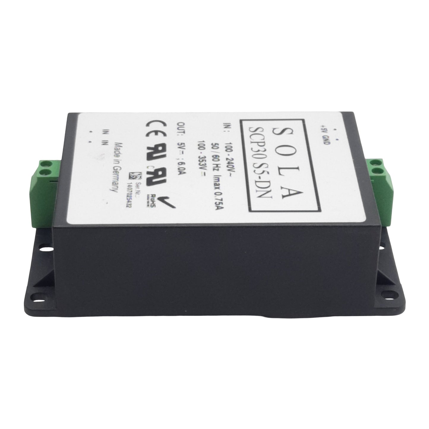 Used Sola SCP30 S5-DN Power Supply, 100-240VAC 100-353VDC In, 6A 5VDC Out, DIN Rail