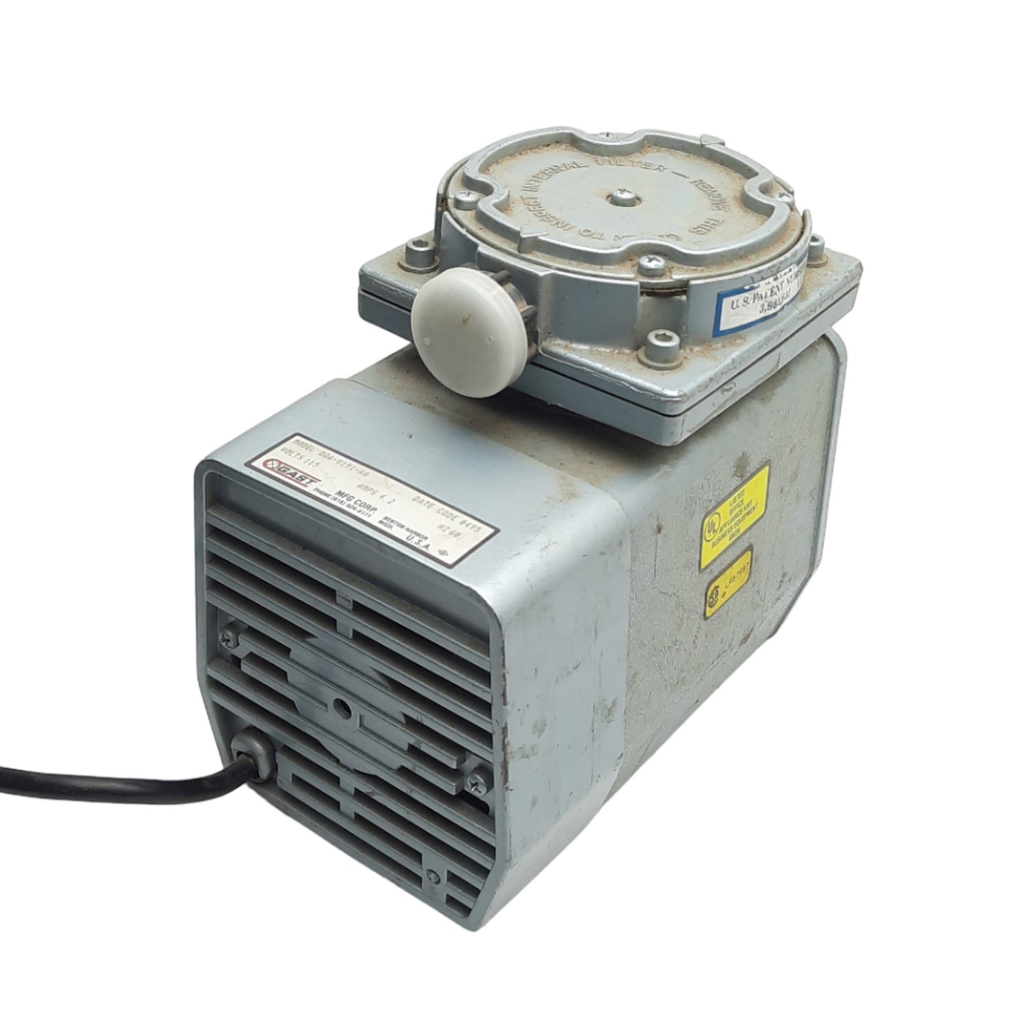 Used Gast DOA-V191-AA Oilless Diaphragm Pump, 60psi, 25.5in/Hg, 1.1CFM, 115VAC