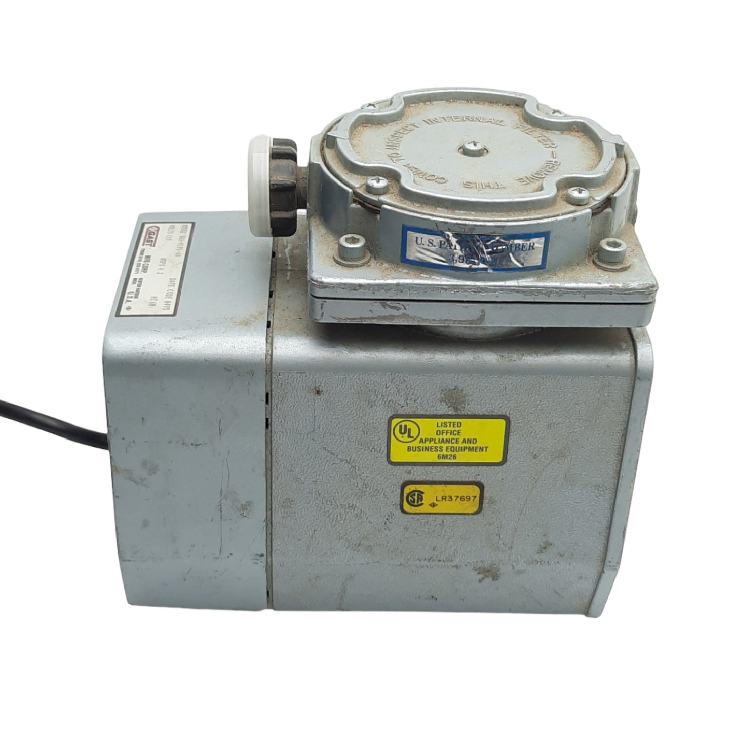 Used Gast DOA-V191-AA Oilless Diaphragm Pump, 60psi, 25.5in/Hg, 1.1CFM, 115VAC