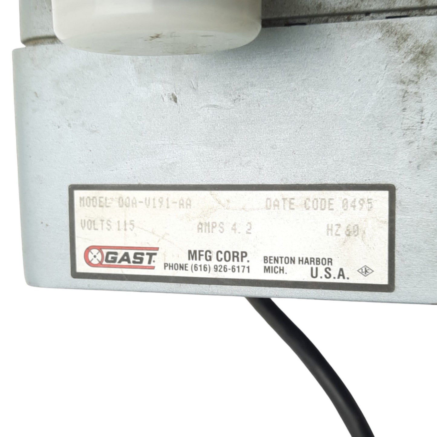 Used Gast DOA-V191-AA Oilless Diaphragm Pump, 60psi, 25.5in/Hg, 1.1CFM, 115VAC