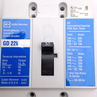 Used Cutler Hammer GD3030 Molded Case Circuit Breaker, 3-Pole, 30A, 480VAC/250VDC