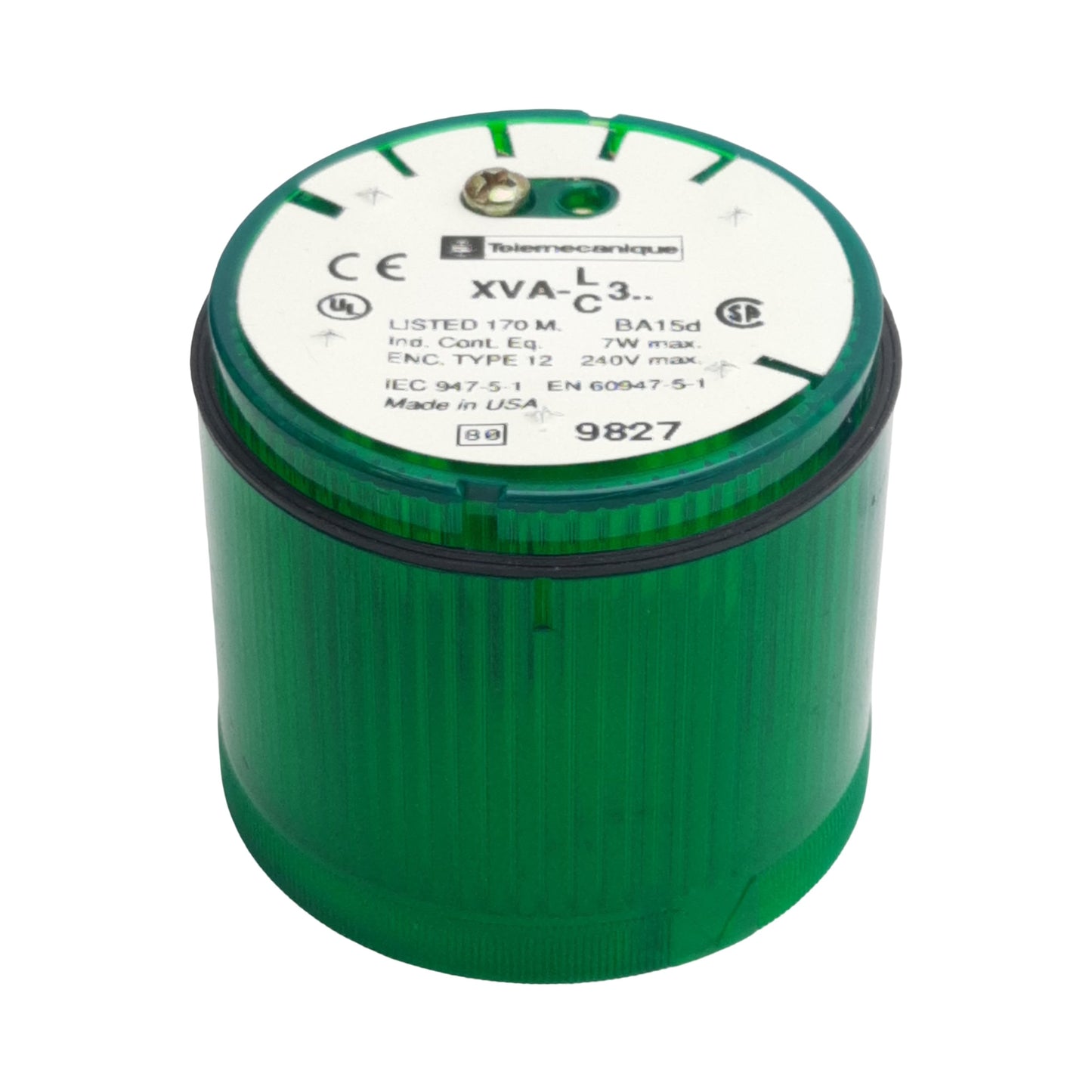 Used Telemecanique XVA-LC3-G Beacon Stack Light Green, 240VAC 7W Max, ø68mm *No Bulb*