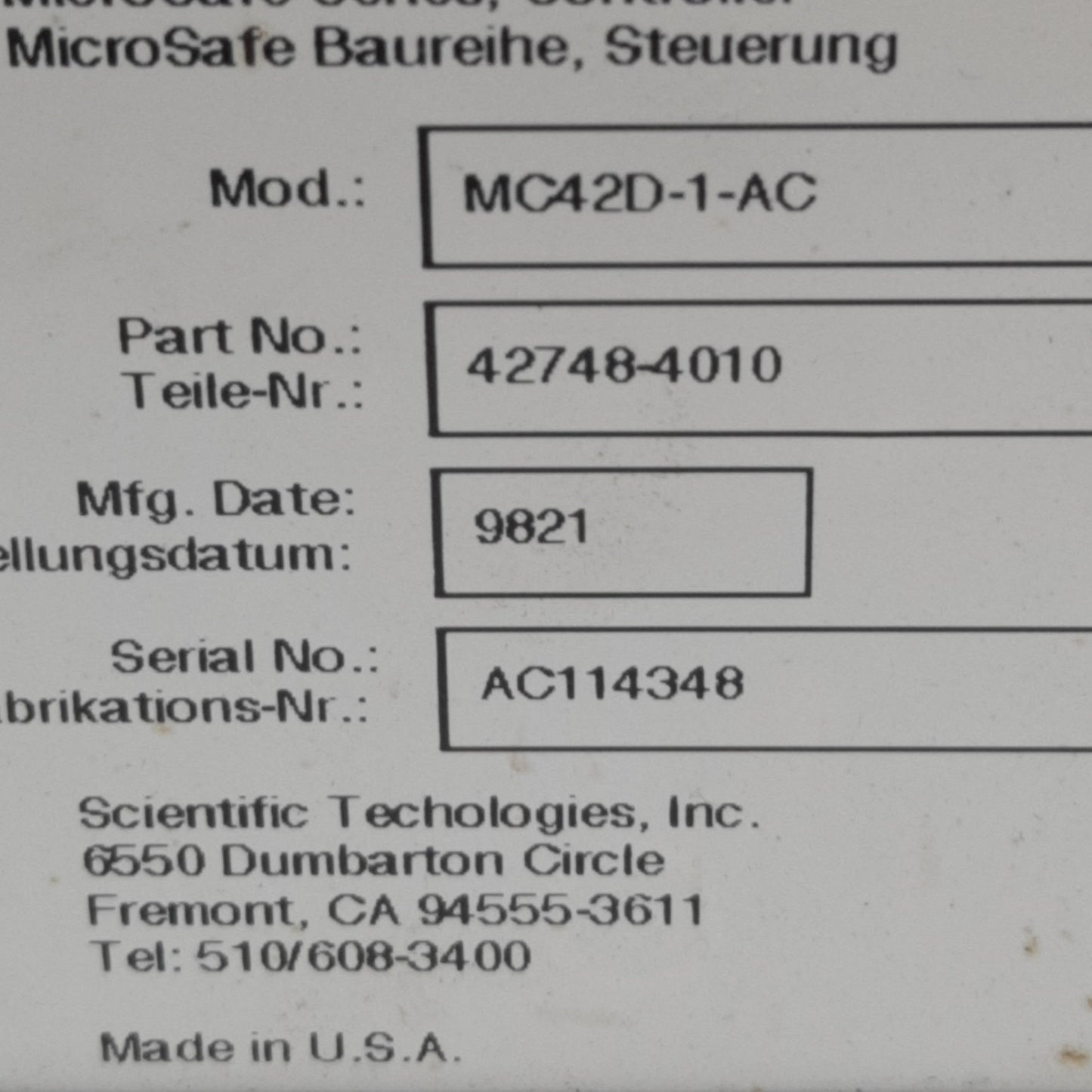 Used Scientific Technologies MC42D-1-AC Safety Mat Controller 2NO 2NC, 230VAC*No Key*