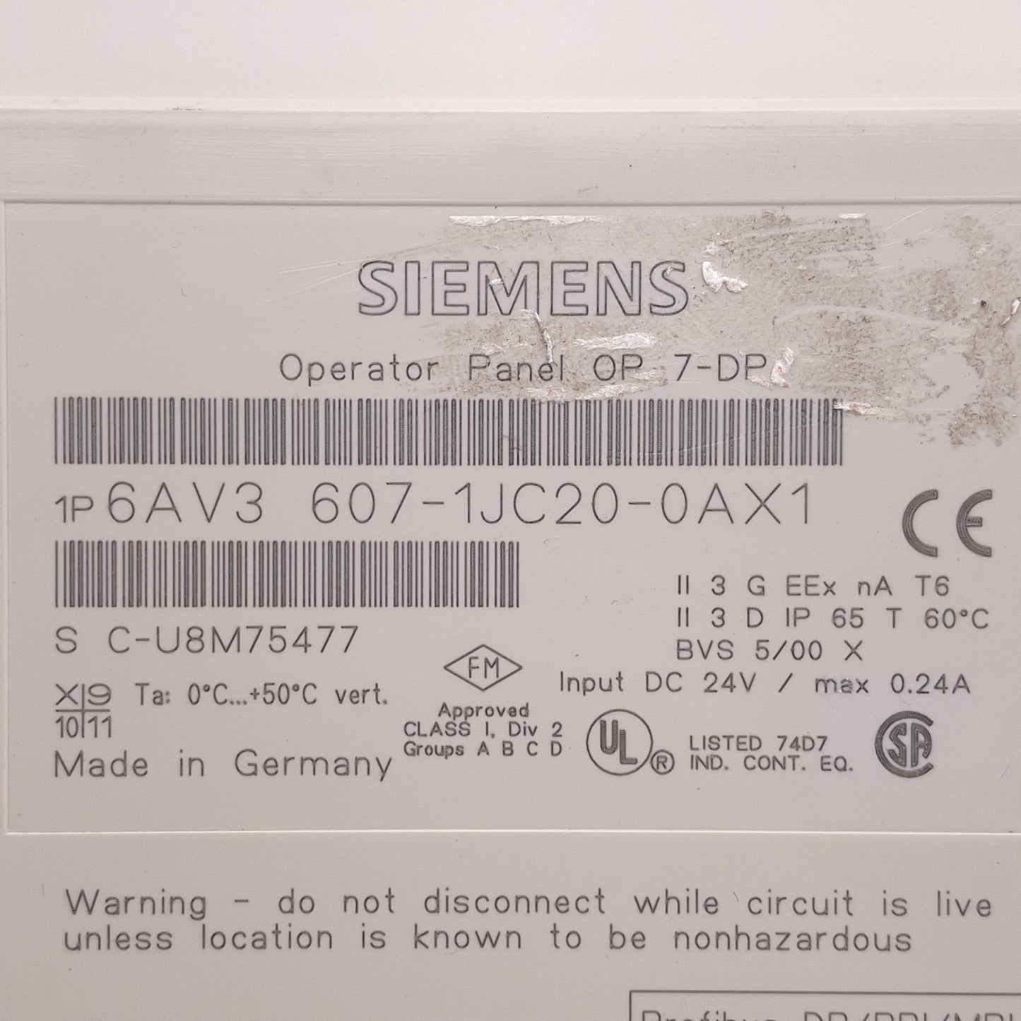Used Siemens 6AV3 607-1JC20-0AX1 Simatic OP7 Operator Panel 4-Line 20-Character 24VDC