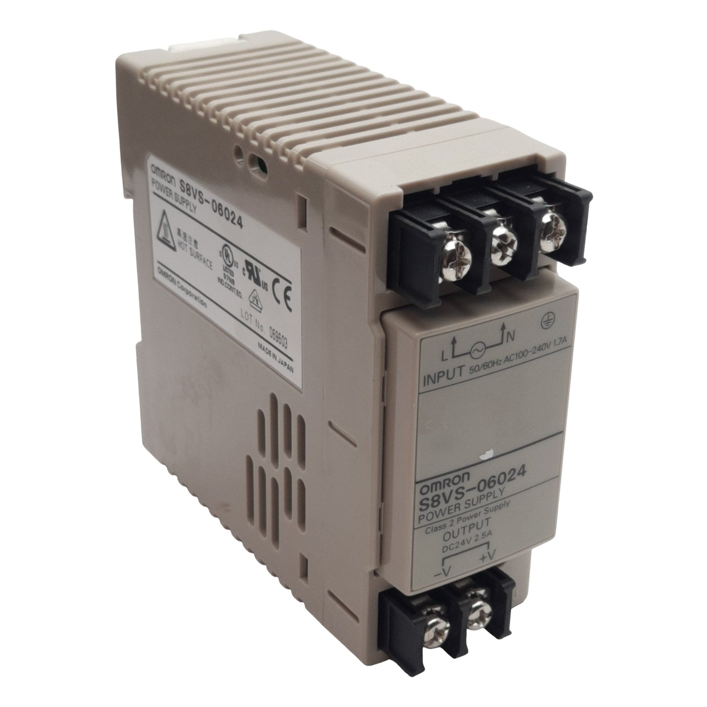 Used Omron S8VS-06024 Power Supply, 100-240VAC In, 2.5A 24VDC Out, DIN Rail