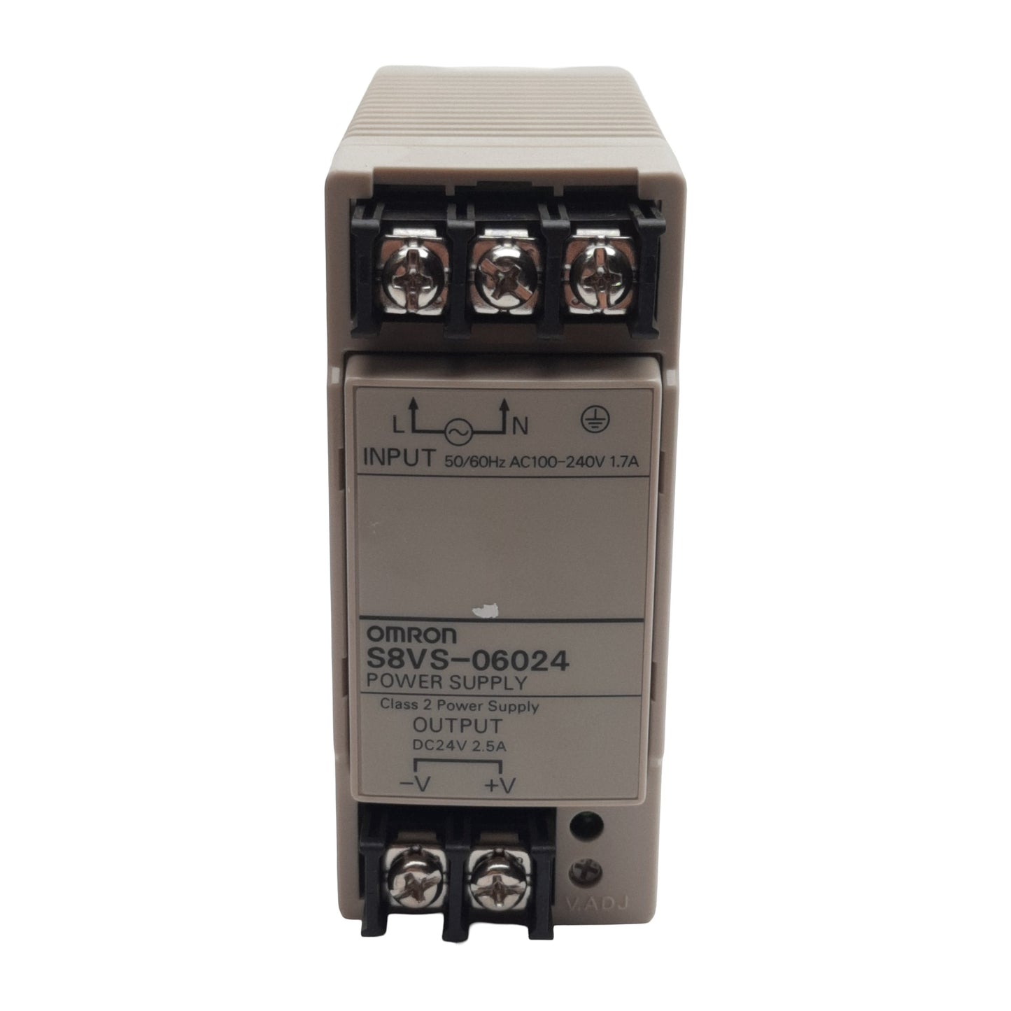 Used Omron S8VS-06024 Power Supply, 100-240VAC In, 2.5A 24VDC Out, DIN Rail