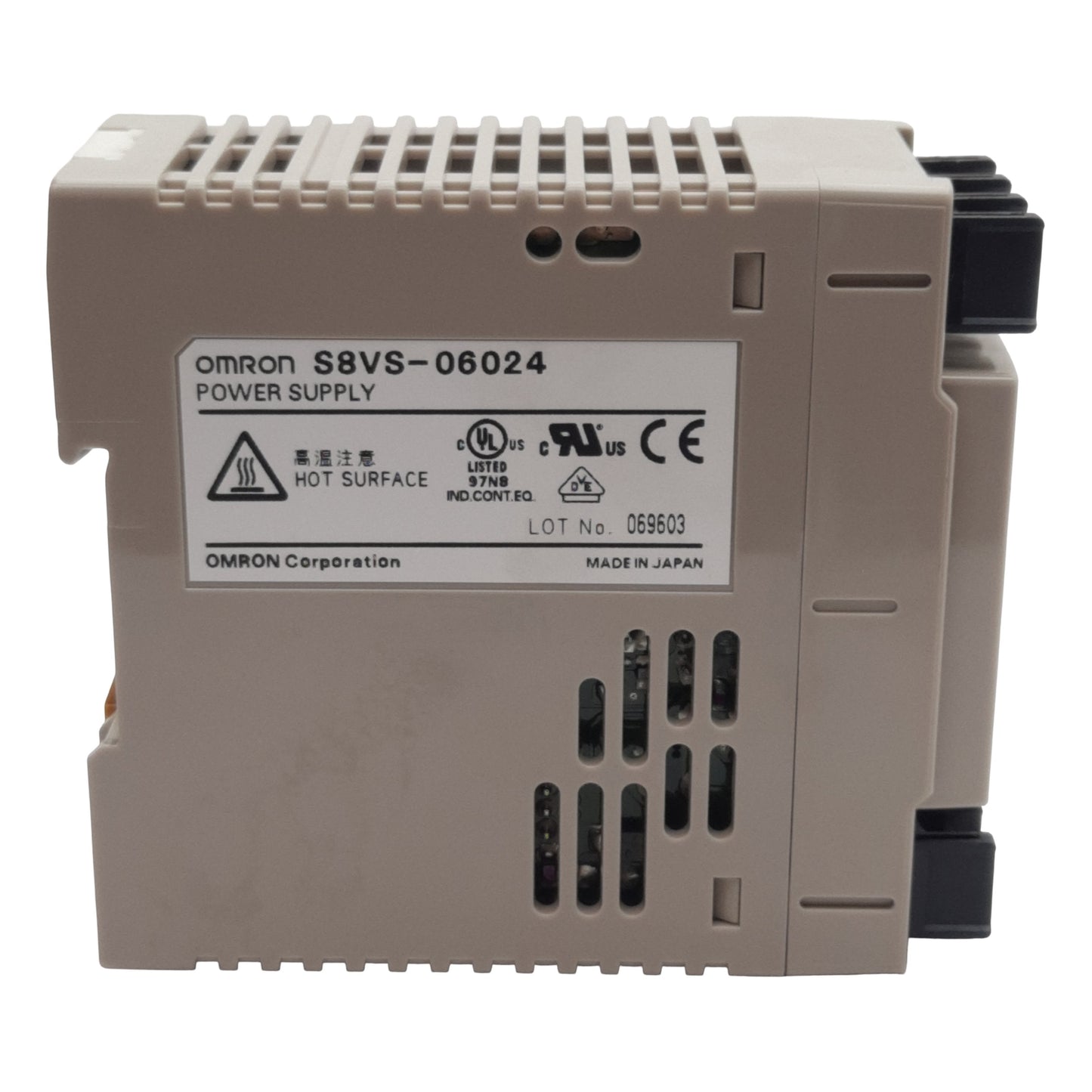 Used Omron S8VS-06024 Power Supply, 100-240VAC In, 2.5A 24VDC Out, DIN Rail