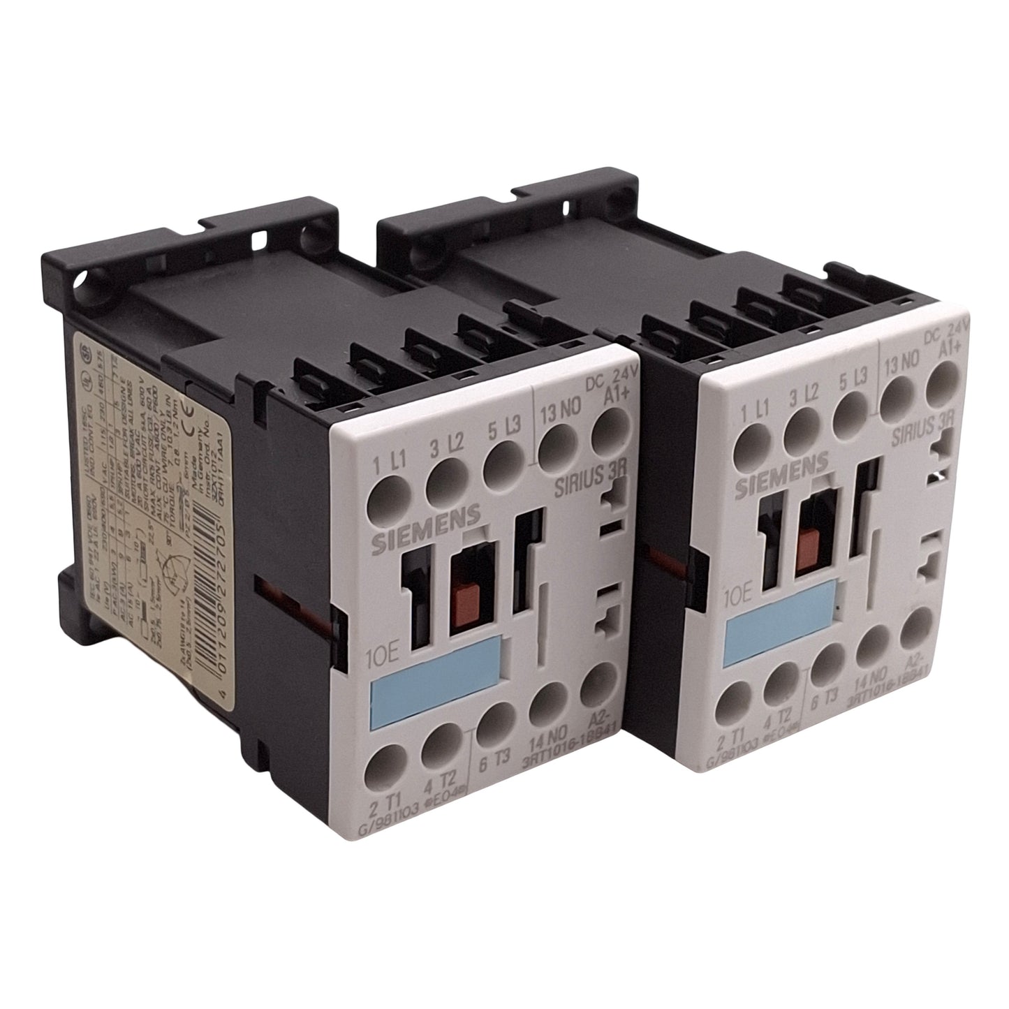 Used Lot of 2 Siemens 3RT1016-1BB41 Contactor, 3P+NO Aux, 4kW @ 400VAC 9A, 24VDC Coil